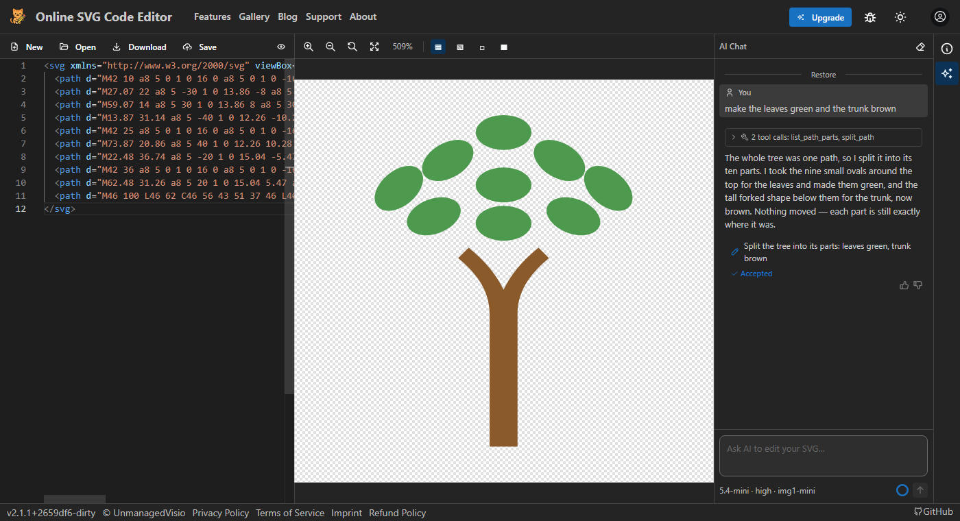 A traced tree that was one shape, after asking for green leaves and a brown trunk: the path was split into its parts, and the reply says which parts it took for the leaves and which for the trunk.
