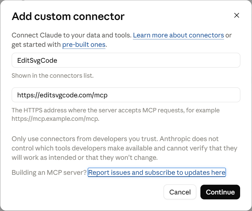 Claude's Add custom connector dialog with the name EditSvgCode and the address https://editsvgcode.com/mcp filled in.