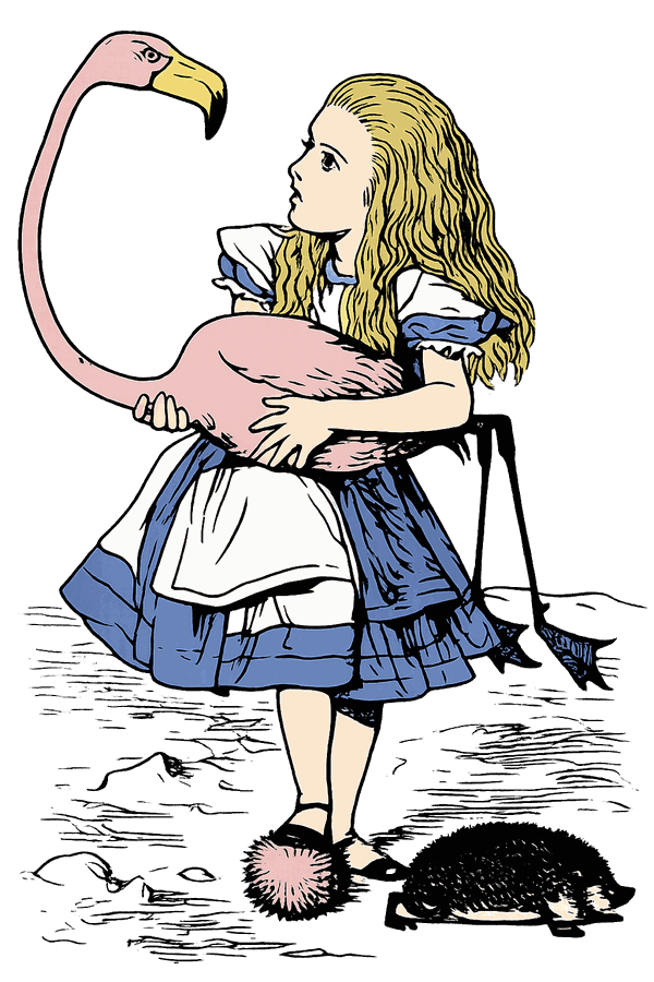 The same scene redrawn by gpt-image-1.5: Alice in a blue dress with a pink flamingo, still in Tenniel's style.