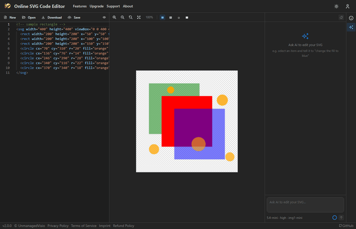 The rebuilt editor: SVG source on the left with syntax highlighting, live preview on the right.