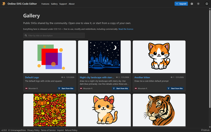The public gallery: a grid of shared SVG drawings with titles, authors and a filter box.