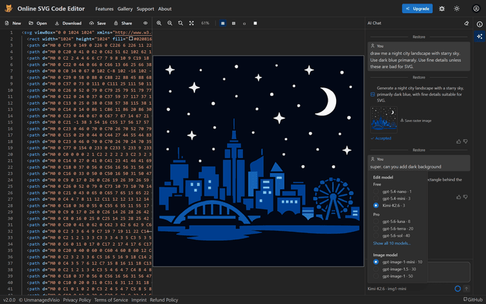 The model picker grouped into Free and Pro tiers, each model showing what a request costs in credits.
