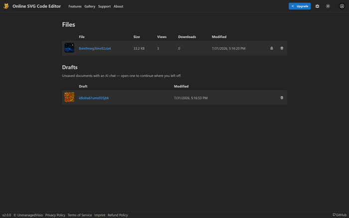 The Files page with the new Drafts list, holding documents that have a conversation but were never saved.