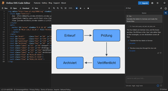 Asking the assistant to translate a diagram and recolour it: it looks the labels up with query, rewrites them with set_text, and changes the fill once in the .box rule with set_style_rule.