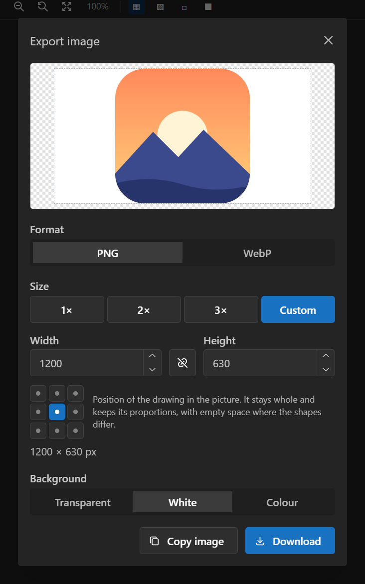 A square logo exported as a 1200 × 630 social card: with the proportions unlocked, the logo sits whole in the middle of the wider picture, on a white background.