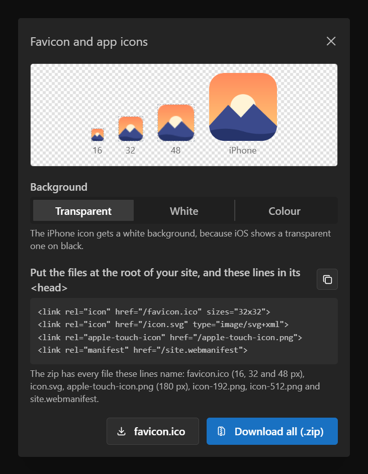 The favicon panel previews the logo at 16, 32 and 48 pixels and as an iPhone home-screen icon, and lists the lines to add to a page's <head>.