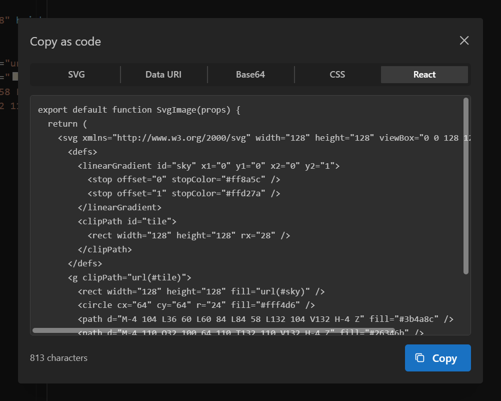 The same logo as a React component, ready to copy, with SVG, data URI, Base64 and CSS one click away.