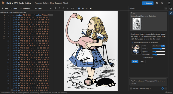 The same picture redrawn by gpt-image-1.5 and traced: the SVG is in the preview, the original stays on the message, and the tracing sliders are ready.